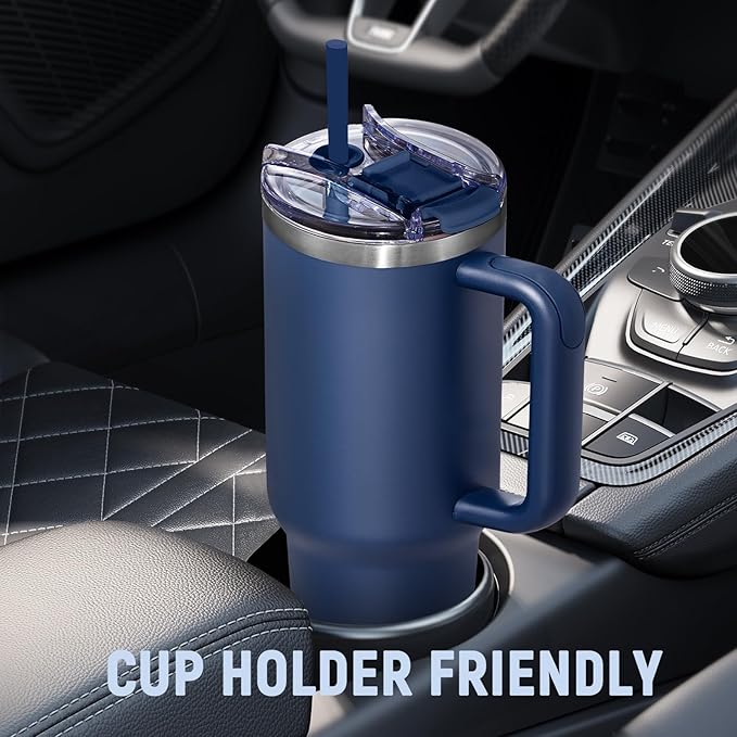 COKTIK 40 oz Tumbler With Handle and Straw Lid, Vacuum Insulated Travel Coffee Mug Stainless Steel Insulated Cup for Beverages, Leak-proof, Cupholder Friendly(Navy) - Bloomnest