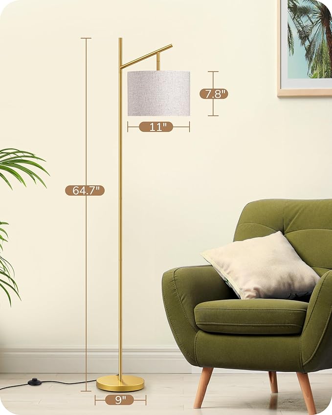 EDISHINE 64.7" Modern Minimalist Floor Lamps for Living Room with 3 Color Temperatures Bulb & Adjustable Linen Shade, Foot Pedal Switch, Tall Standing Lamp for Bedroom Office, Gold - Bloomnest