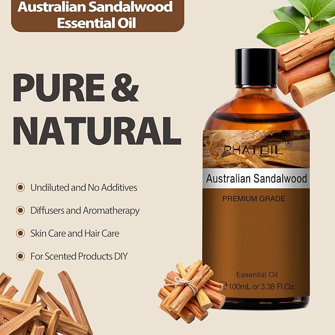 PHATOIL Australian Sandalwood Essential Oil, Pure Premium Natural Oil for Hair Care, Body Skin Care, Aromatherapy, DIY Candle, Soap Making 3.38Fl Oz - Bloomnest