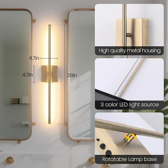 Battery Operated Wall Sconces with Remote Control, 11000mAh Wireless Rechargeable Brushed Bronze Wall Lights, 350°Rotate 3 Color Temperatures Dimmable Wall Lamp, for Bedroom, Living Room, Hallway - Bloomnest