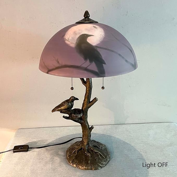 Bieye L13002 Ravens Sitting on Bare Tree Branch Against Full Moon Hand-Painted Glass Table Lamp with Raven Nest Lamp Base for Halloween Home Decor (Reddish Purple, 14" D x 14" W x 22" H)