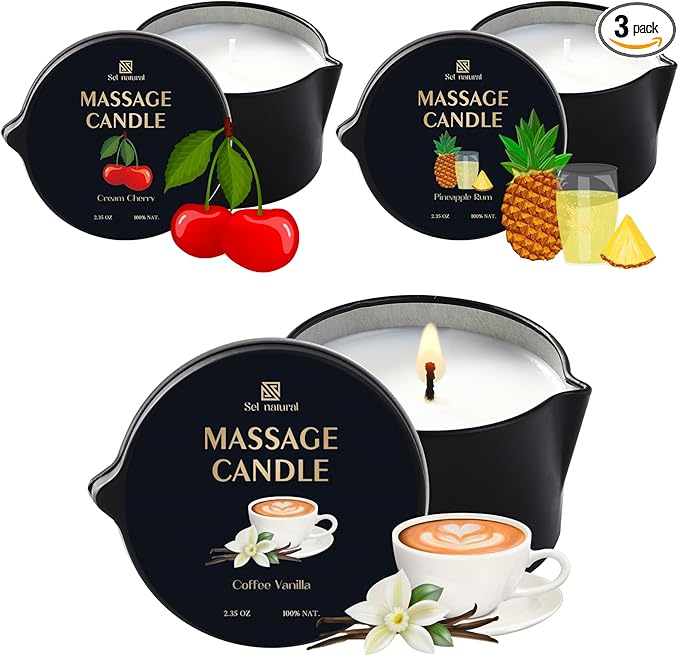 3 Pack Massage Oil Candles 2.35oz Low Temp Massage Candles 3 Scent Spa Therapy Body Oil Home Gift for Relaxation, Couples, or Self-Care (2.35 oz, Cream Cherry, Coffee Vanilla, Pineapple Rum) - Bloomnest