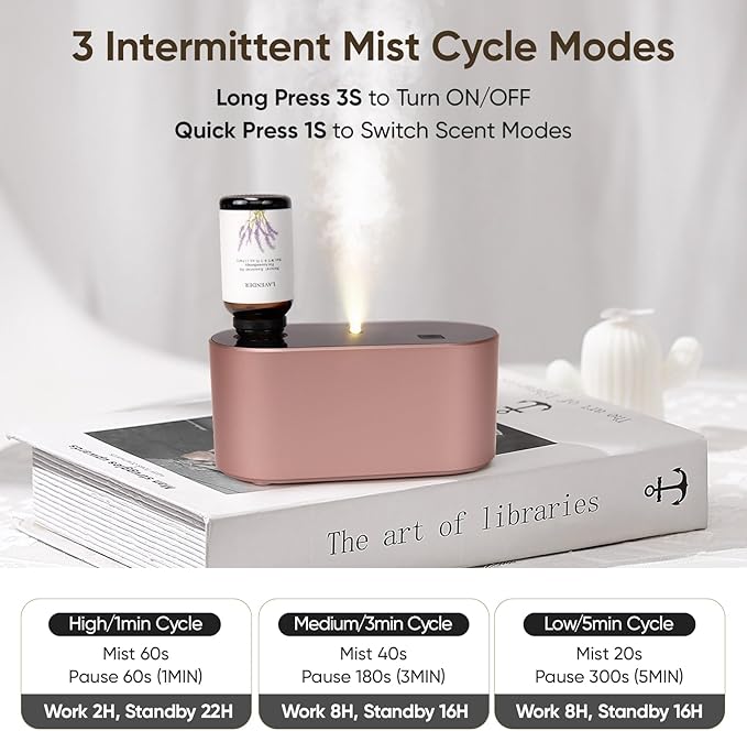 Waterless Diffuser for Essential Oil, Battery Operated Scent Air Aromatherapy Diffuser, Mini Aroma Diffusers with 3 Intermittent Mist Modes, Cycle Start for Home Office Bedroom - Rose Gold - Bloomnest