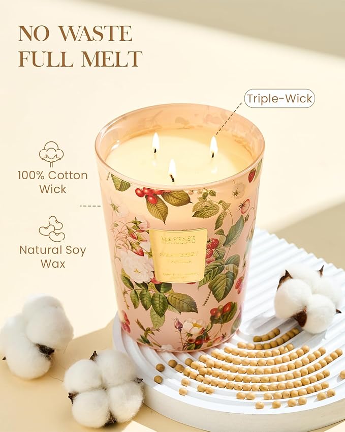 M&SENSE Extra Large Candle Strawberry Vanilla Scented, 3-Wick 35oz 150H Long Lasting, Natural Soy Aromatherapy Fall Winter Candle for Stress Relief, Festival Gifts for Home Decor - Bloomnest