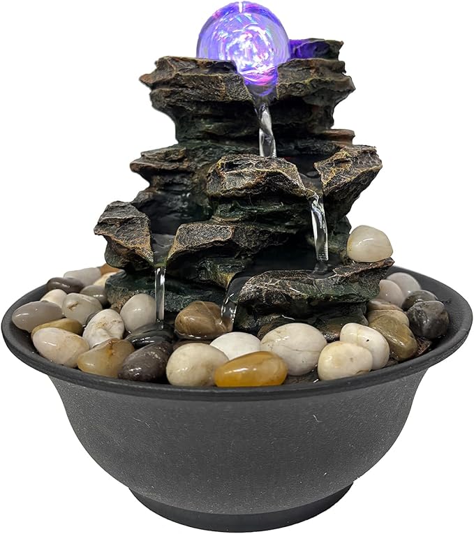 Indoor Tabletop Water Fountain, Resin Meditation Fountain with Color LED Light, Indoor Waterfall Feature for Home Office Decor (E) - Bloomnest