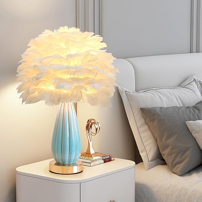 Chic White Feather Lamp Creative Feather Bedside Lamp Princess Nightstand Table Lamp Deco Romantic Atmosphere Desk Light for Cute Girl Bedroom Wedding Gift Living Room Hotel Ceramic Body - Bloomnest