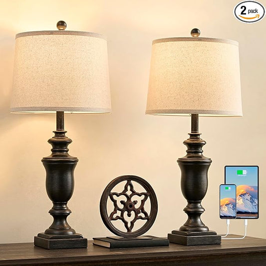 27.5" Vintage Farmhouse Table Lamps Set of 2 Bedside Lamp, 3 Way Dimmable Bedroom Lamps with 2 USB Ports +AC Outlet Touch Nightstand Lamp Rustic Lamp (Rotary-Antique Black) - Bloomnest