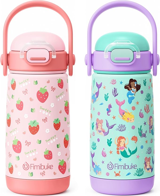 Fimibuke Kids Insulated Water Bottle with Straw Lid & Handle - 14oz BPA FREE 18/8 Stainless Steel Metal Tumbler Leak Proof Double Wall Vacuum Kids Cup Toddler Water Bottle for School Boys Girls - Bloomnest