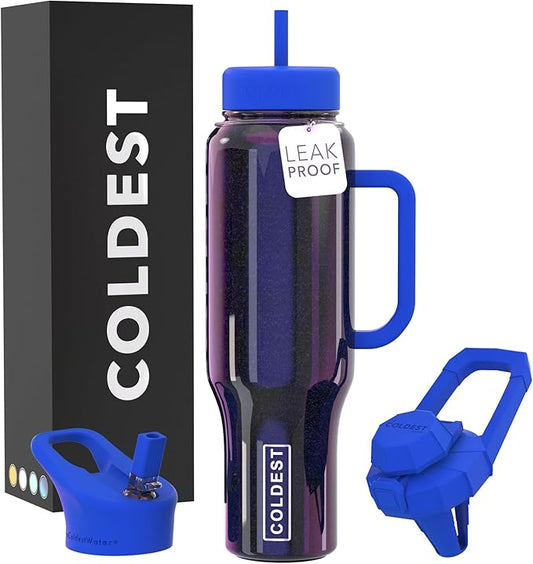 Coldest Tumbler with Handle and Straw, 100% Leak Proof Insulated Tumbler with Lid and Straw (3 Lids), Stainless Steel Tumblers for Women & Men, Cup Holder Friendly, 46 oz (Enchanted Blue) - Bloomnest