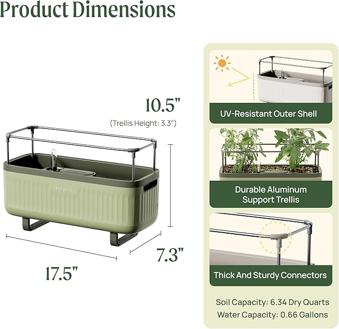 Vego garden Herb Indoor Plant Box, Self Watering Planters Pots for Indoor Plants with Trellis for Kitchen Window Sill or Countertop Plants Cage - Sage Green - Bloomnest