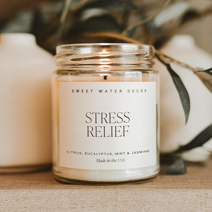 Sweet Water Decor Stress Relief Soy Candle - Lemon, Eucalyptus, Mint, Jasmine Scented Relaxing Candles for Home - 9oz Clear Jar + Gold Lid, 40+ Hour Burn Time, Made in The USA - Bloomnest