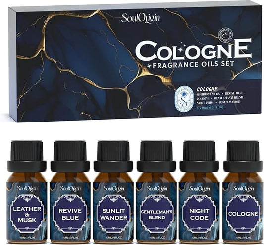 Cologne Fragrance Oils Set, Essential Oil for Diffuser, Men Scent Diffuser Oil, Use for Soap Candle Making, Cologne, Leather&Musk, Revive Blue, Sunlit Wander, Gentleman's Blend, Night Code - Bloomnest