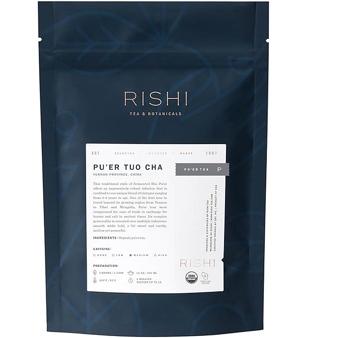 Rishi Tea Ancient Pu'er Tuo Cha Herbal Tea - Organic Direct Trade Loose Leaf, Medium Caffeine Aged Ripe Pu-erh for Digestion Support - 16 Ounces, 60+ Servings - Bloomnest