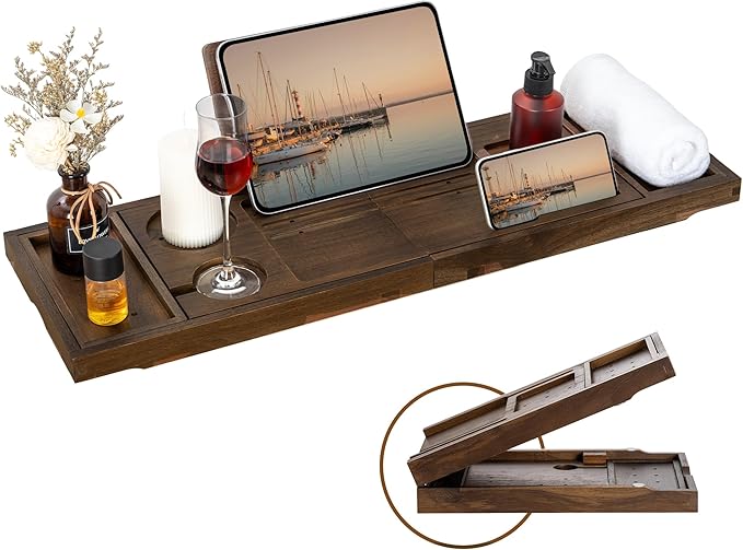 Teak Bathtub Tray - Luxury Bath Tray with Expandable Handles, Wine Glass and Phone Holders, Book Stand - Perfect for Home Spa Relaxation and Reading - Natural Bath Accessories - Dark Walnut Color - Bloomnest