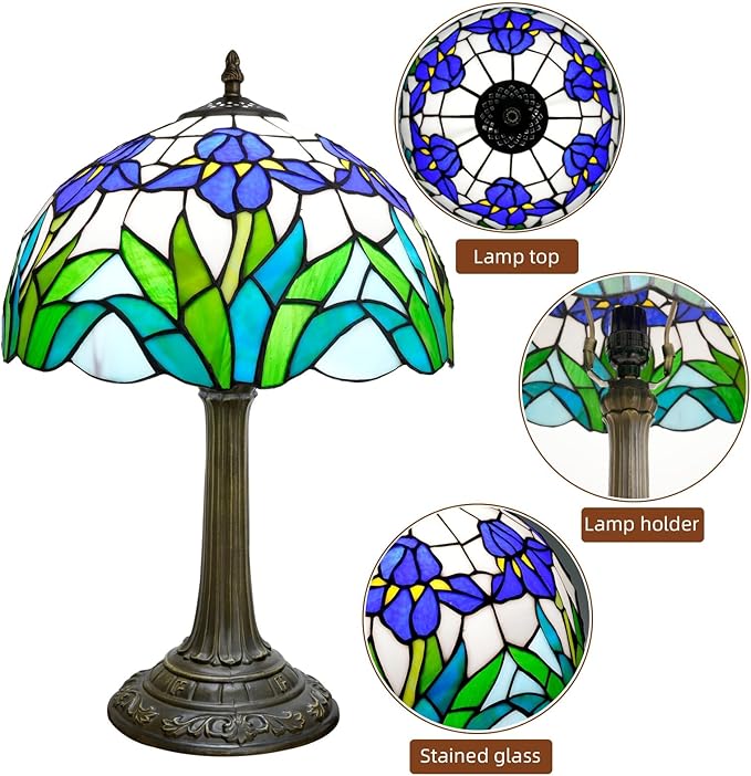 Tiffany Lamp Rural Style Green Blue Iris Flower Stained Glass Lamps Reading Bedside Bedroom Table Lamp Living Room end Kitchen Hotel Bar Home Small Space Decor Metal Base 12X19 Inche LED Vintage Lamp - Bloomnest
