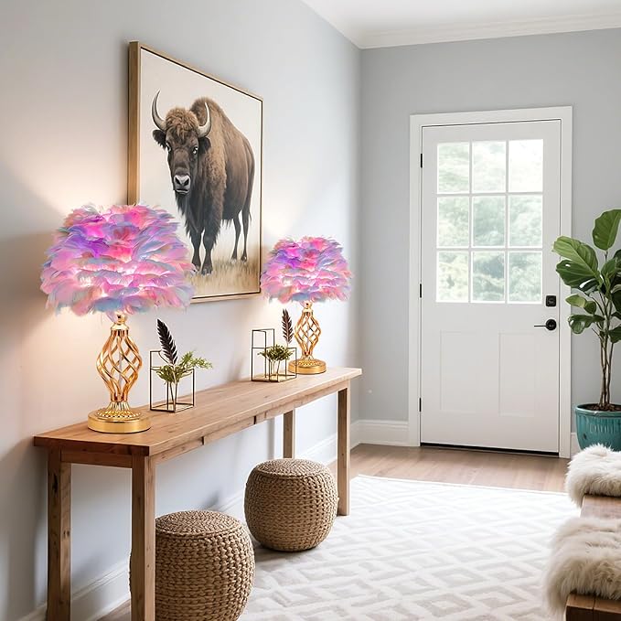 Colorful Feather Lamp Romantic Fluffy Bedside Lamp Creative Table Lamp Cute Goose Feather Nightstand Light for Girl Bedroom Living Room Hotel Office Entry Wedding - Bloomnest