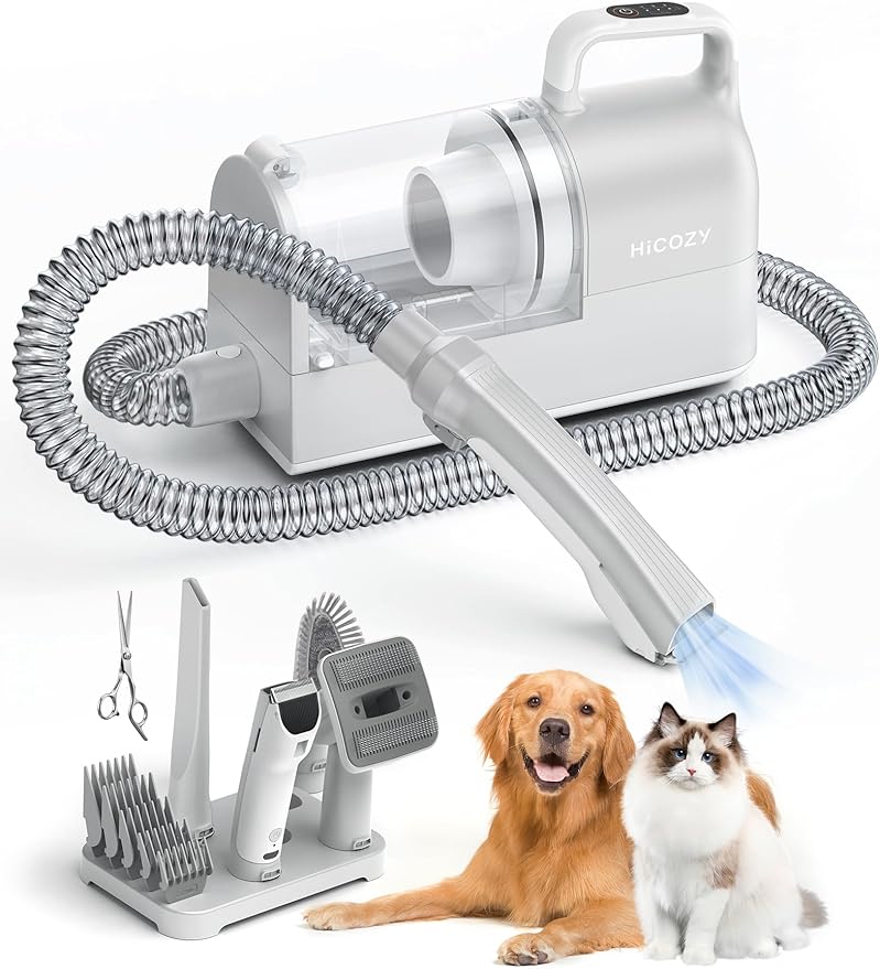 Hicozy S1+ Dog Grooming Vacuum, 12000Pa Minimum 50dB Quiet Dog Vacuum for Shedding Grooming with 2L Dust Cup, 6 Professional Pet Accessories with Clippers, Gray - Bloomnest