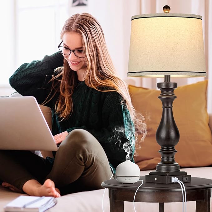 29" Tall Table Lamp for Living Room Set of 2,Farmhouse Vintage Bedside Nightstand Lamps with USB C+A Ports & AC Outlet,3-Way Dimmable Touch Control Retro Black Lamp for Bedroom,Color 5 - Bloomnest