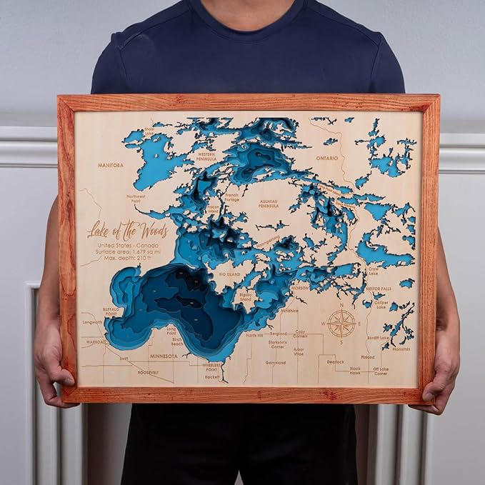 Personalized 3D Lake of The Woods Wood Map | Lake Depth Map Art | 8-Layer Nautical Decor | Rustic Wall Art for Lake House, Cabin | Gifts for 5th Anniversary, Father’s Day, Christmas, Housewarming - Bloomnest