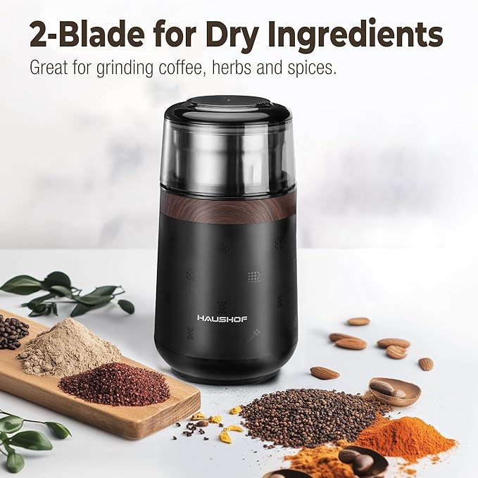 HAUSHOF Coffee Grinder Electric, One Touch Design, Spice, Herb, Grinder for Coffee Bean Spices and Seeds with 1 Removable Stainless Steel Bowl, Dry Grinder-Black - Bloomnest