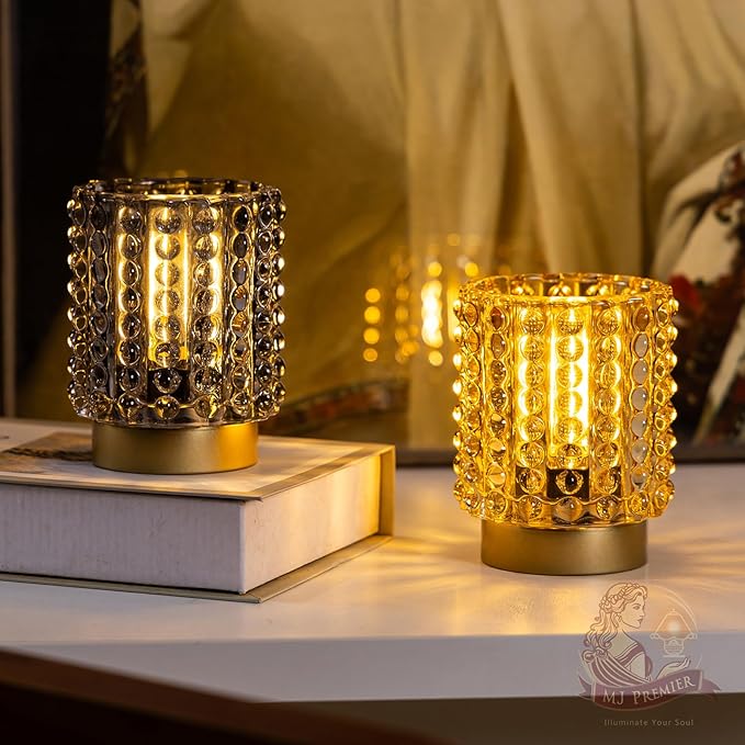 Battery Operated Lamp with Timer, Mini Crystal Table Lamps for Home Decor, Small Cordless Lamp for Areas No Outlets, Glass Battery Powered Lamps for Entryway, Bedroom, Bathroom, Shelf, Corner(Yellow) - Bloomnest