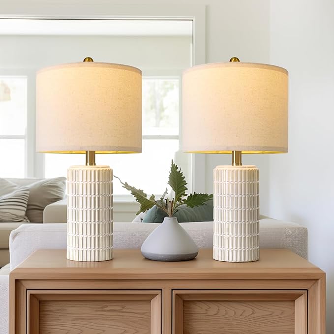 PoKat 20.75" Small Modern Ceramic Table Lamps Set of 2 for Bedroom, White Bedside Lamps for Night Stands, Farmhouse Desk Decor Nightstand Table Lamps for Living Room End Table Beige - Bloomnest