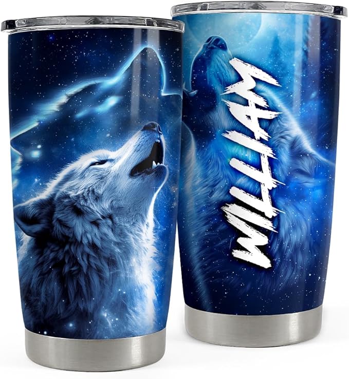SANDJEST Personalized Wolf Tumbler Moon Phases 20oz 30oz Tumblers with Lid Gift for Men Dad Son Christmas Birthday - Bloomnest