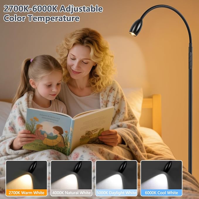 Reading Floor Lamp, 72" Tall LED Lamp with Flexible Gooseneck, Dimmable Zoomable Spotlight, Adjustable Color Beam Standing Lamp, Touch & Remote Control, Task Craft Bedroom Living Room, Matte Black - Bloomnest