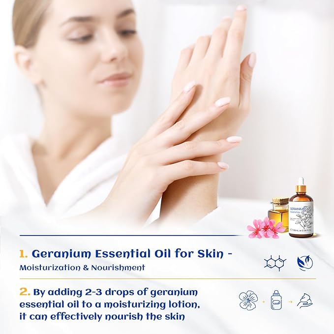 HIQILI 100ML Geranium Essential Oil for Skin, Diffuser & Candle, 100% Pure and Natural - 3.38 Fl Oz - Bloomnest