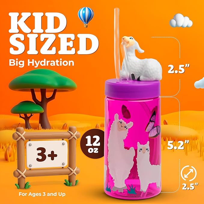 Kids Water Bottle, Toddler Cups, Tumbler with Lid and Straw, Travel Sippy Cup for Water or Milk, Kids Cups with Lids for Toddlers 3 and Up, BPA Free Plastic, 12 oz (Trend Zoo Llama) - Bloomnest