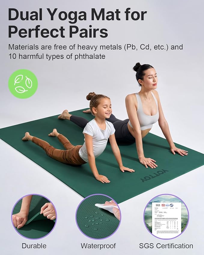 YOTTOY Large Yoga Mat (75 * 52 * 1/2inch),Extra Wide TPE Exercise Mat,Non-Slip Workout Mat for Pilates, Fitness, Barefoot, Home Gym Studio with Strap and Towel - Bloomnest