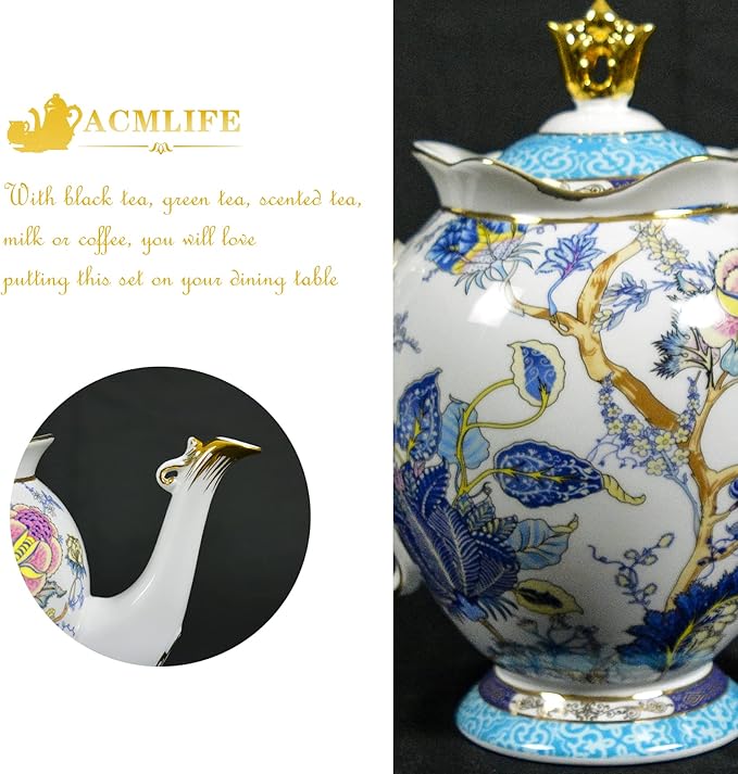 ACMLIFE Tea Sets for Adults for 6 - Tea Pot Sets with Cups Blue, Tea Sets for Women Tea Party, Fine Bone China 24K Gold, Vintage British English Porcelain Afternoon Service Sets for Luxury Gift - Bloomnest