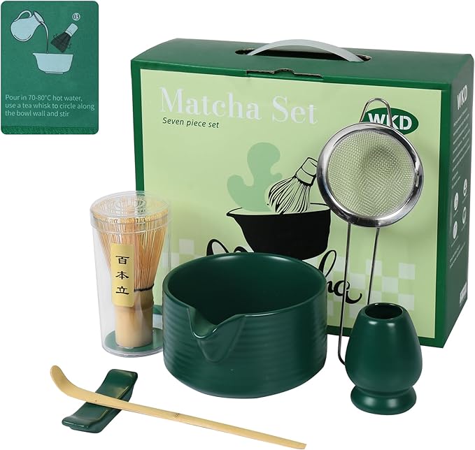 Matcha Whisk Set,Matcha Making Set with Dark Green Bowl,Matcha Whisk Holder, Stainless Sifter & Scoop, Tea Towel,Traditional Matcha Tea Set for Ceremony,Dark Green,7Pcs - Bloomnest