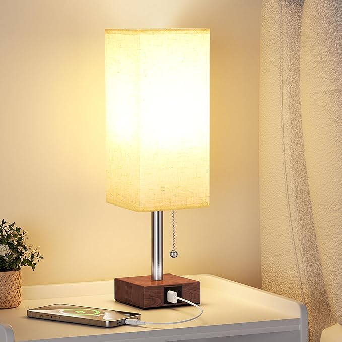 aooshine Red Brown Small Table Lamp for Bedroom - 3 Color Temperature 3000K 5000K 4000K Bedside Lamp, Pull Chain Control, USB A and C Ports, Pure Gold Color Base, Bulb Included - Bloomnest