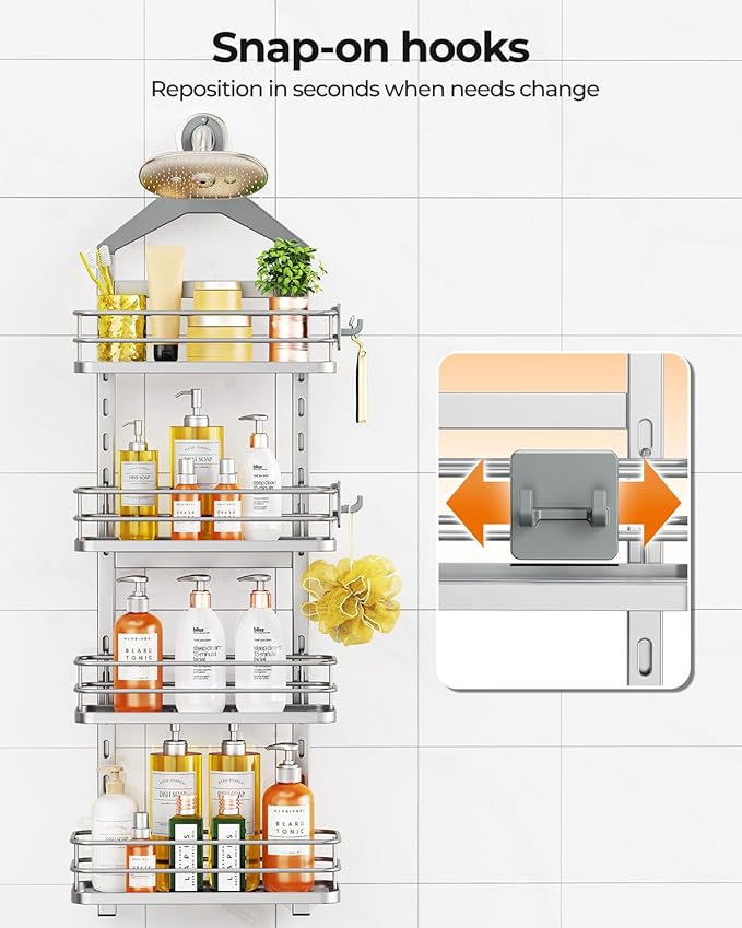 ODesign 4 Tier Height-Adjustable Shower Caddy Hanging Anti-Swing-Over The Shower Head Caddy- Storage Organizer Bathroom Shelves Basket Caddies-Silver - Bloomnest