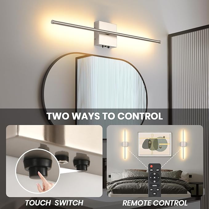 Set of 2 Battery Operated Wall Sconces, 11000mAh Wireless Rechargeable Brushed Nickel Wall Lights with Remote Control, 350°Rotate Dimmable Wall Lamp, 3 Color Temperatures, for Bedroom, Living Room - Bloomnest
