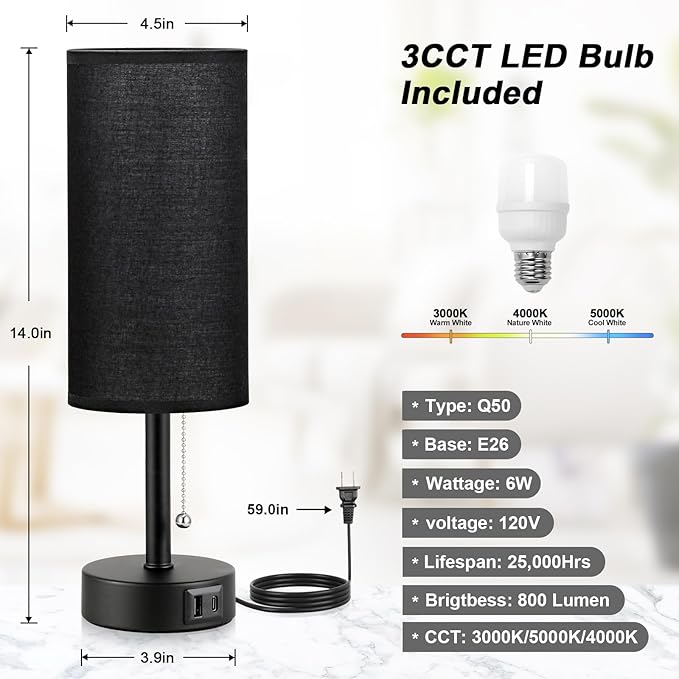 Black Bedside Lamp for Bedroom Nightstand - Small Table Lamp with USB A + C Charging Port, 3 Color Temperatures Pull Chain Night Stand Light with Bulb， Side Table Desk Reading Lamp for Living Room - Bloomnest