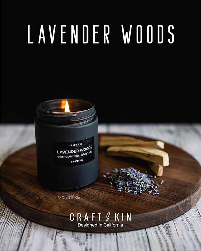 Craft & Kin Premium Lavender Woods Candle | Black Christmas Scented Candles for Men | Long Lasting with 45 Hour Burn Time, 7.6oz | Soy Holiday Candle | Aromatherapy at Home | Gifts for Men - Bloomnest