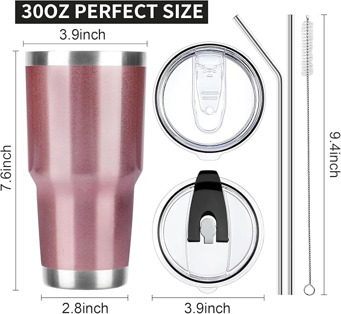 30 oz Tumbler with Lids and Straws Double Wall Vacuum Insulated Tumbler Cup,Stainless Steel Leak-proof Thermal Tumbler Travel Coffee Mug for Cold and Hot Drinks,Rose Gold - Bloomnest
