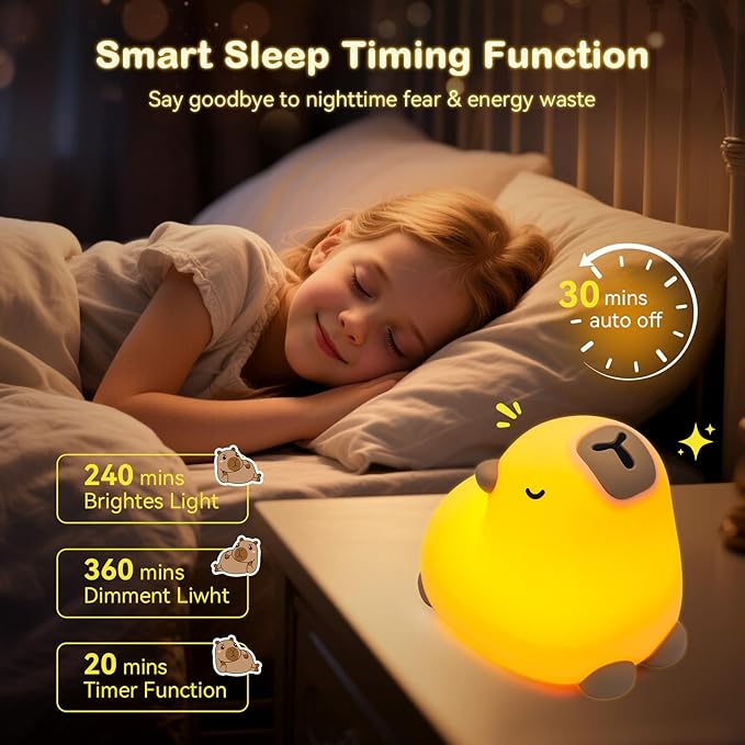 Cute Capybara Night Light for Kids, 3-Level Dimmable Nursery Nightlight, Silicone Squishy Light Up Gifts, Rechargeable Bedside Touch Lamp for Breastfeeding Toddler Baby Kids Decor - Bloomnest