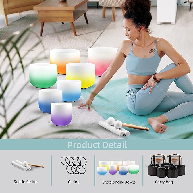 Ryan Dvan 432Hz 7"-12" Set of 7 Crystal Singing Bowl Set – Gradient Color Quartz Bowls for Chakra Healing, Meditation, Sound Bath & Yoga.Sound Therapy Tools with Suede Mallets & O-Rings. - Bloomnest