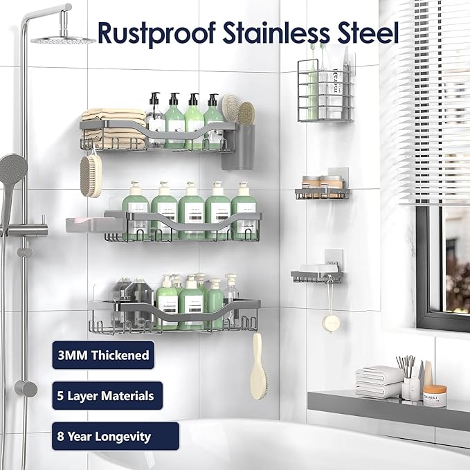 Shower Caddy Adhesive Shower Organizer 8-Pack, Rustproof Stainless Steel Bathroom Shelves, Large Capacity No-Drill Rack Storage Accessories with Soap Dish Toothbrush Holder Hooks - Bloomnest