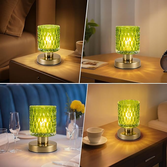 Battery Powered Lamp with Timer, Aesthetic Glass Cordless Lamps, Dimmable Rechargeable Lamp with Remote Control, Small Touch lamp for Nightstand Bedside Bedroom Living Room (Jade Green) - Bloomnest