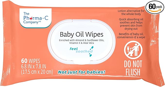 The Pharma-C Company Baby Oil Wipes. (60 Wipes) Enriched with Almond and Sunflower Oils, Aloe and Vitamin E. - Bloomnest