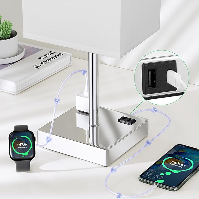 Touch Bedside Table Lamp For Nightstand - 3-Way Dimmable Night Lamp with USB A + Type C Charging Ports and two AC Outlets, Small Desk Light with E26 LED Bulb for Bedroom Living Room, WHITE PLUS - Bloomnest