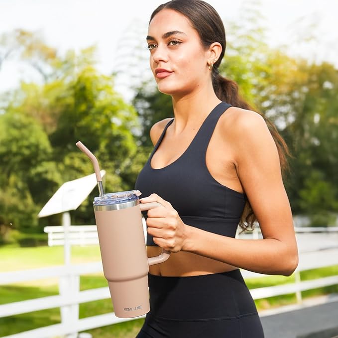 40 oz Tumbler with Handle and Straw Lid,Insulated Reusable Stainless Steel Water Bottle Travel Mug，Cupholder Friendly Double Wall Vacuum Sealed Cup (Mocha) - Bloomnest