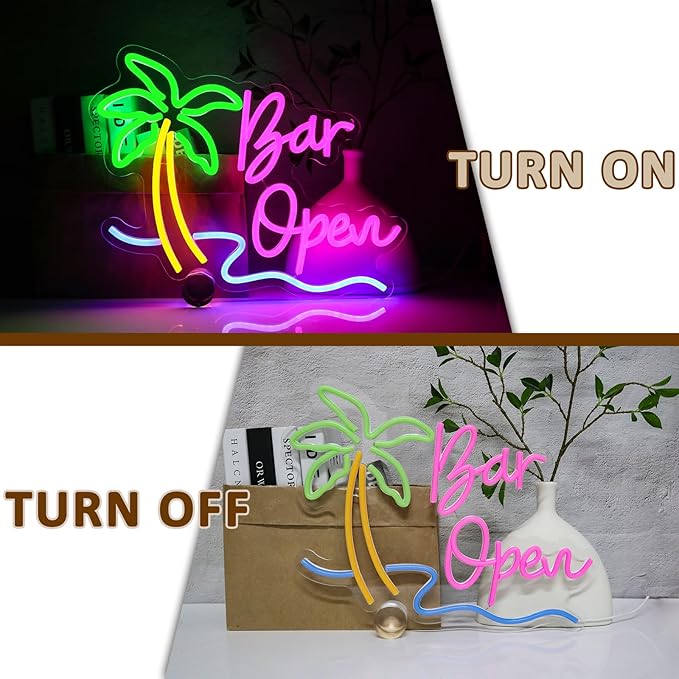Bar Open Sign for Business, Neon Open Sign, USB Dimmable Palm Tree Neon Lights for Beer Bar Coffee Cafe Home Pub Man Cave Stores Hotel Party Window Wall Decor Restaurant - Bloomnest