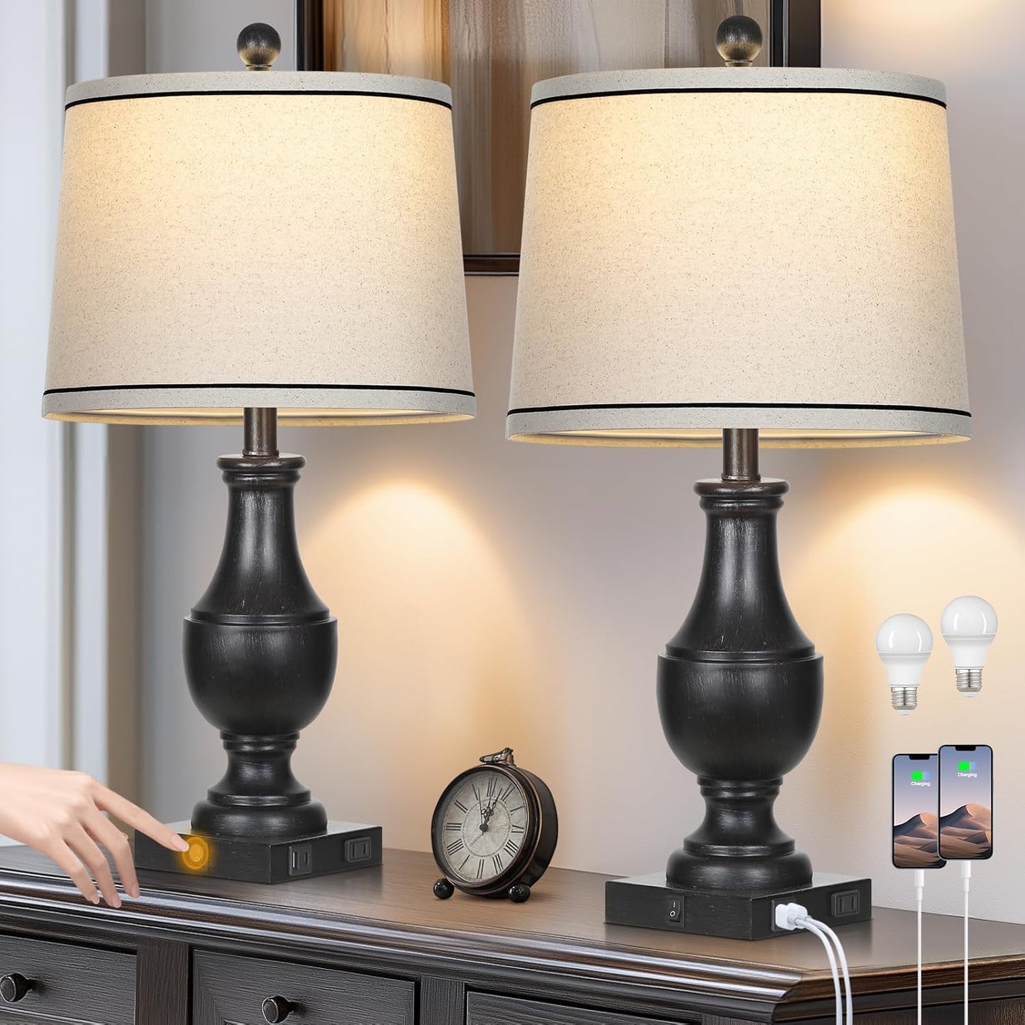 Table Lamps for Living Room Set of 2, Farmhouse Vintage Table Lamp with USB A+C Charging Ports & AC Outlet, 25" Black Rustic Traditional Lamps for Bedroom Nightstand Desk(2 LED Bulbs Included)