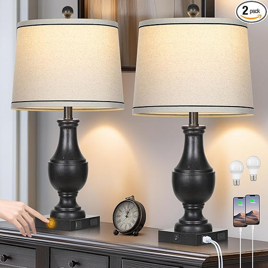 Table Lamps for Living Room Set of 2, Farmhouse Vintage Table Lamp with USB A+C Charging Ports & AC Outlet, 25" Black Rustic Traditional Lamps for Bedroom Nightstand Desk(2 LED Bulbs Included) - Bloomnest