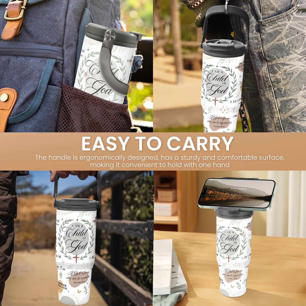 SANDJEST Christian Tumbler with Handle 30oz, Religious Gifts for Women, Inspirational Gifts for Her for Birthday Christmas Mothers Day, Stainless Steel Flip Straw Insulated Tumblers Coffee Travel Cup